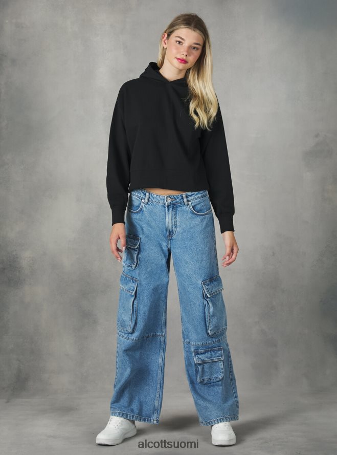 vaatetus fi Alcott naiset lyhennetty collegepaita mukavasti istuvalla hupulla bk1 musta HL28P0436